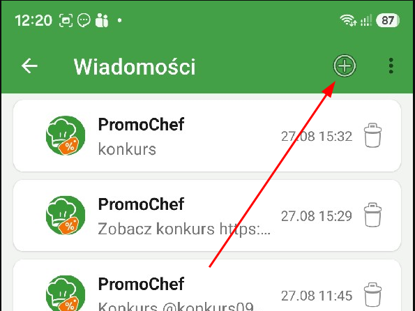 Ekran Wiadomości ze strzałką wskazującą przycisk dodawania nowej wiadomości